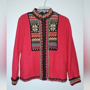 Vintage Icelandic Red Wool Zippered Fair Isle Jacket Nordic Womens Medium